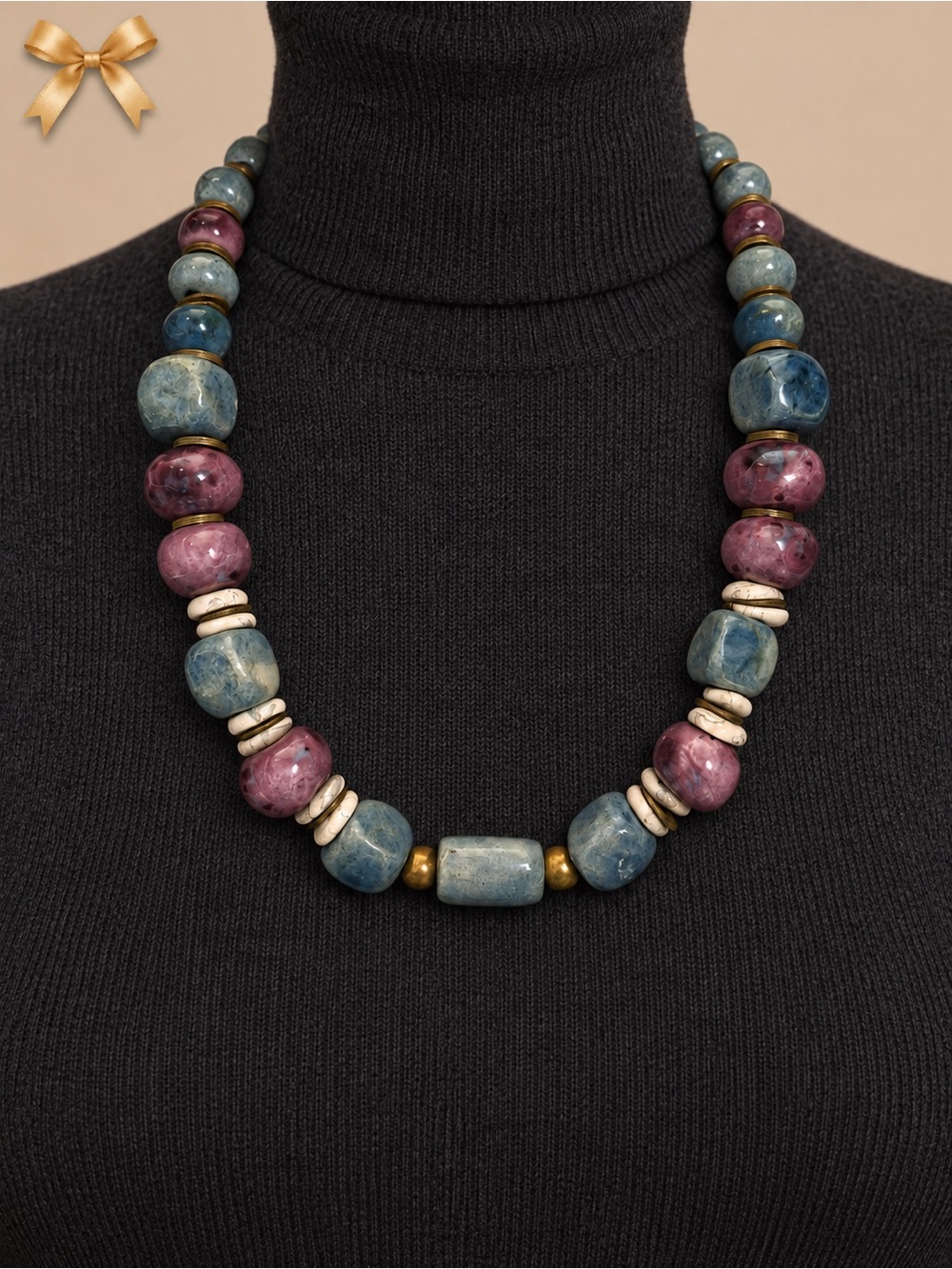 Chunky Blue & Purple Beaded Statement Necklace 18 Inch